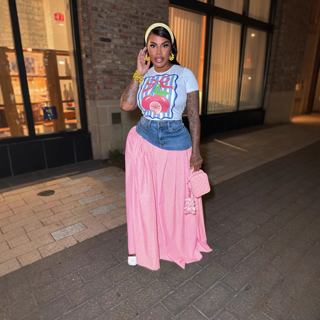 Conjunto de camiseta de manga corta y falda a cuadros con abertura para mujer