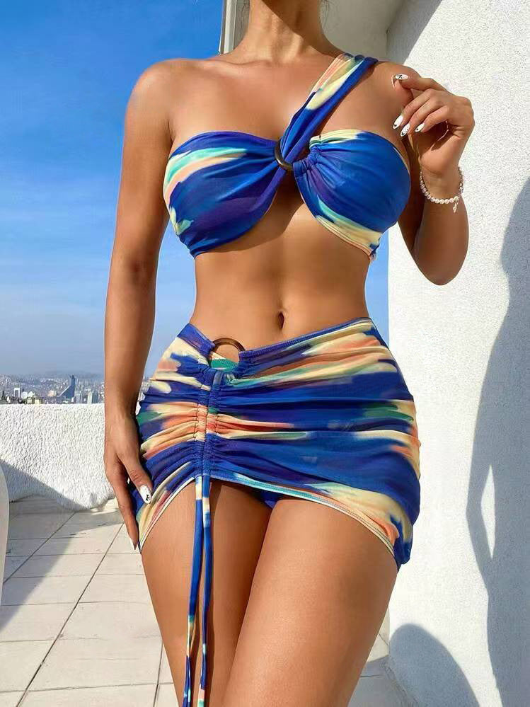 Traje de baño sexy de tres piezas con estampado tie-dye para mujer