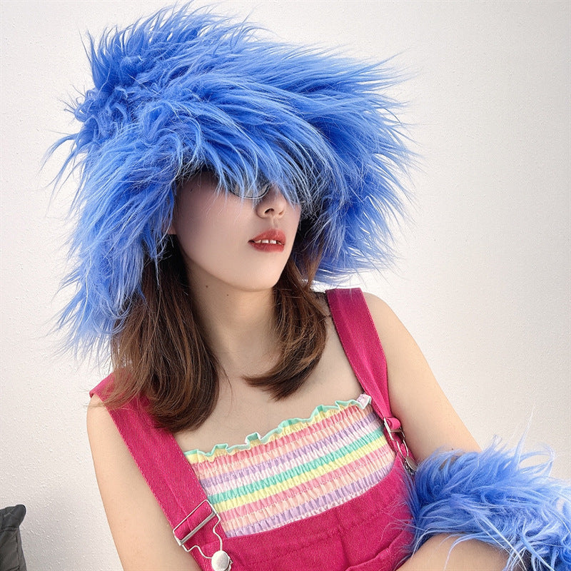 Chapeau de paille en fausse fourrure pour femme, couleurs unies