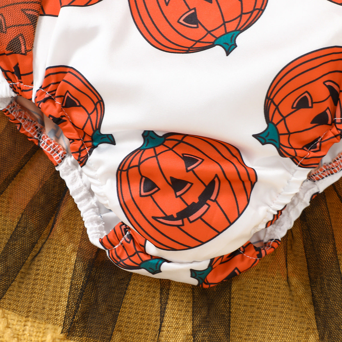Kids Baby Girls Halloween Pumpkin Mesh Sleeveless Romper
