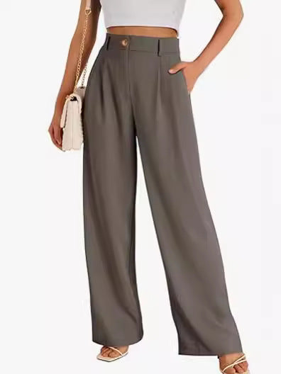 Pantalones casuales de pierna ancha para mujer, estilo poliéster de cintura alta