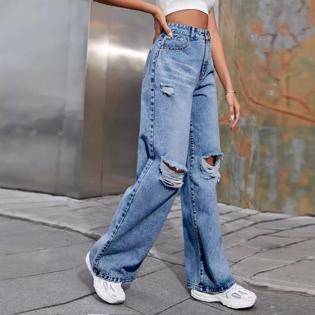 Pantalones vaqueros rasgados de pierna ancha y cintura alta informales para mujer