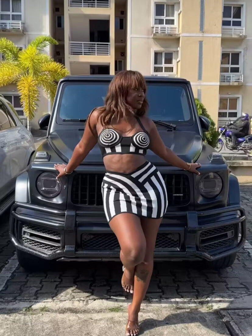 Women Fashion Sexy Zebra Stripe Halter-Neck Two-Piece Set