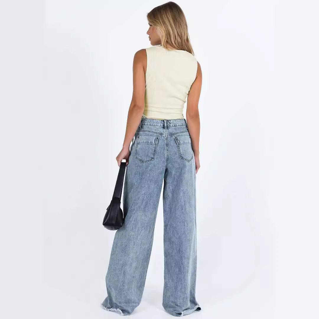 Women Casual Solid Color Loose Denim Pants