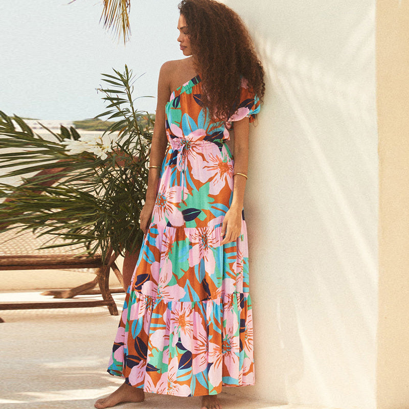 Women's Slant Shoulder Boho Tiny Flower Casual Maxi Dress