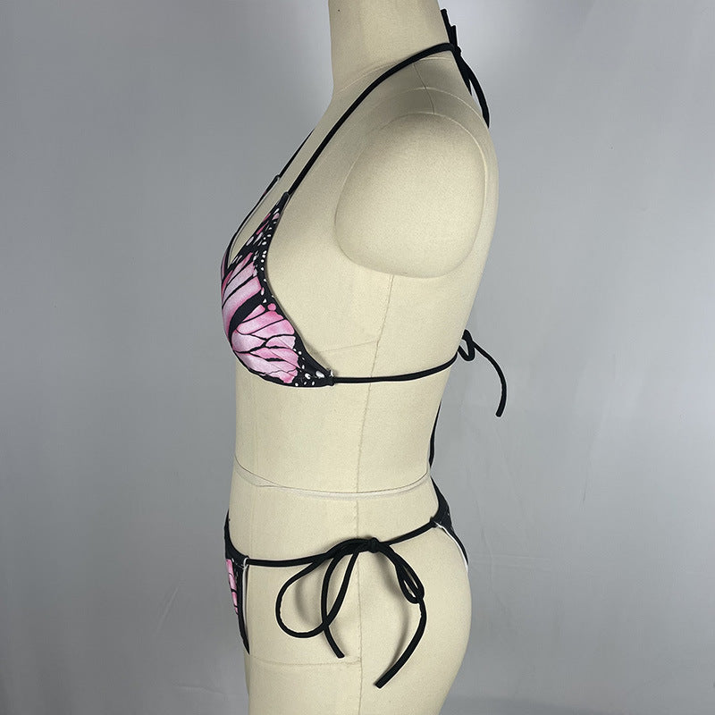 Bikini sexy con cuello halter y estampado de mariposas para mujer