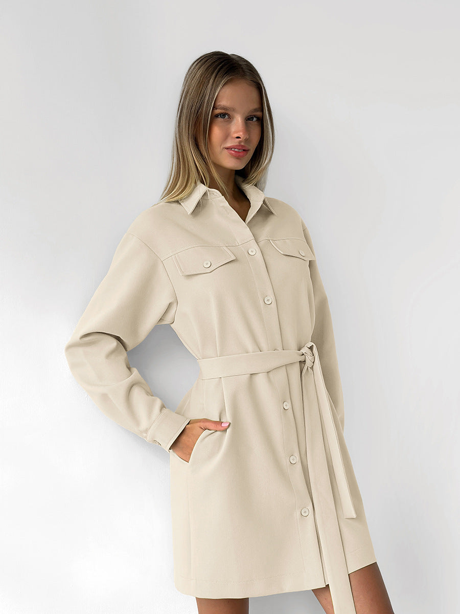 Women Solid Color Lapel Long Sleeve Dress Blended Fabric