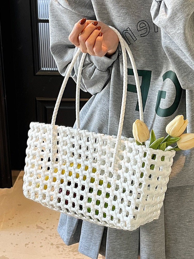 Bolso de mano informal de cesta de verduras tejida en color liso para mujer
