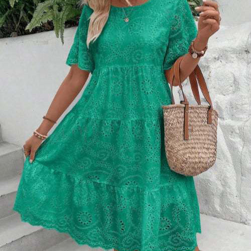 Robe décontractée à manches courtes en coton et dentelle pour femme
