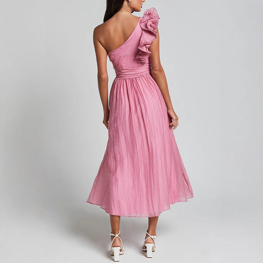 Women Fashion Solid Color Shoulder Backless Dress