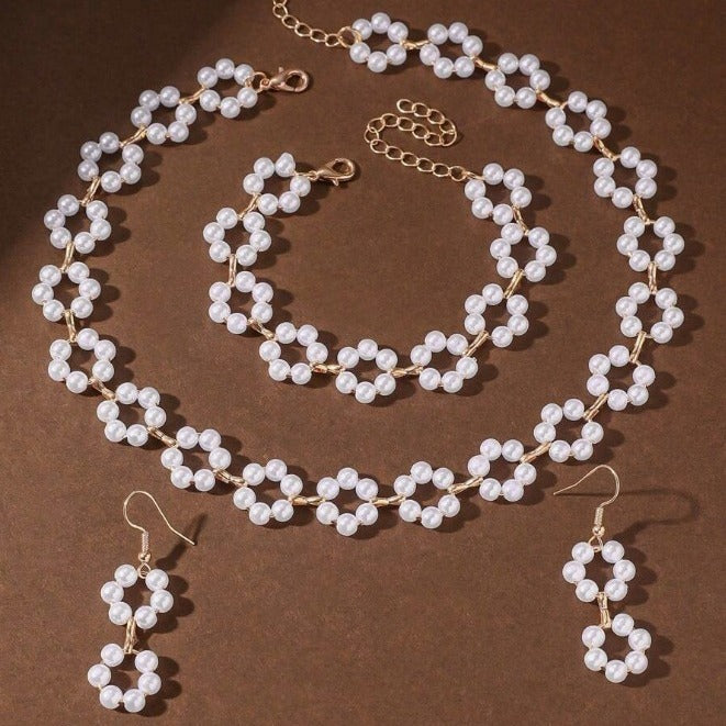 Elegant Pearl Necklace Bracelet Earrings Three-Piece Set - Fashion Jewelry for Women