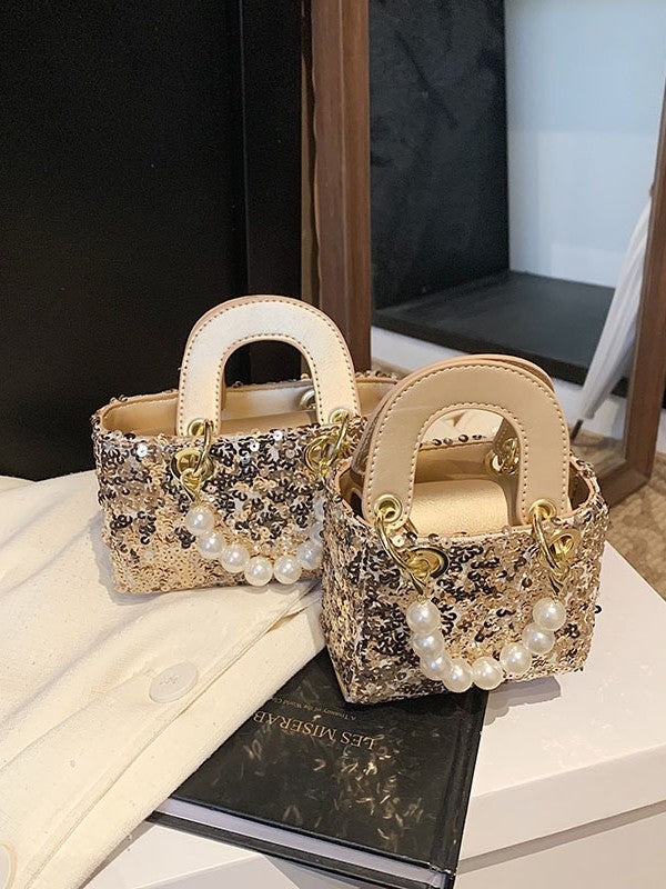 Mini bolso bandolera de verano con lentejuelas brillantes y correa de perlas