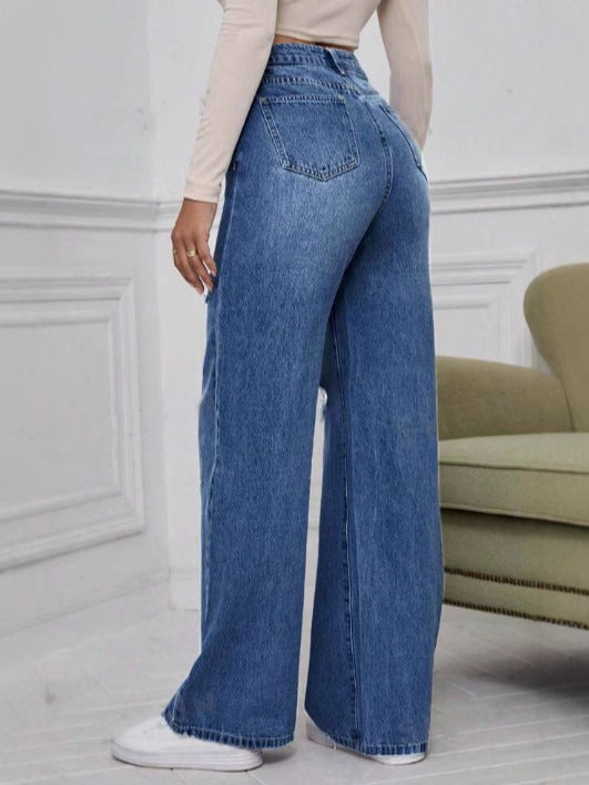 Women Casual Ripped Mid-Waist Wide Leg Jeans