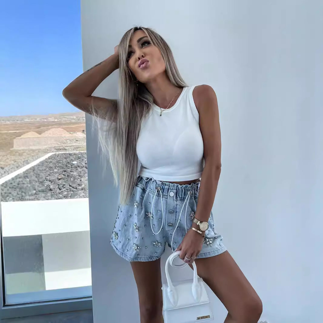 Pantalones cortos vaqueros de cintura alta con diamantes de imitación para mujer