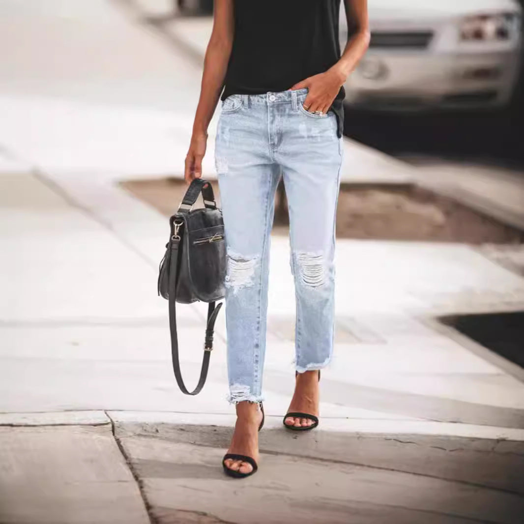 Vaqueros rotos ajustados retro casuales para mujer