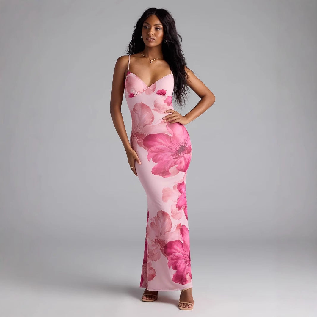 Robe longue moulante sexy à imprimé floral pour femme