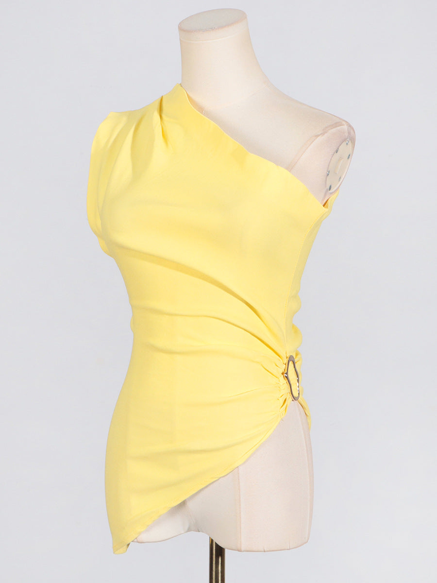 Camiseta sin mangas plisada de color sólido sexy a la moda para mujer