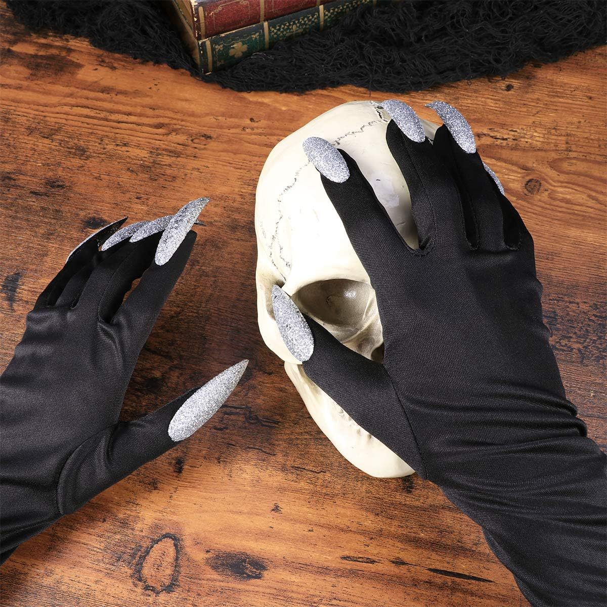 Accessoires de performance pour fête d'Halloween : ongles longs, gants fantômes
