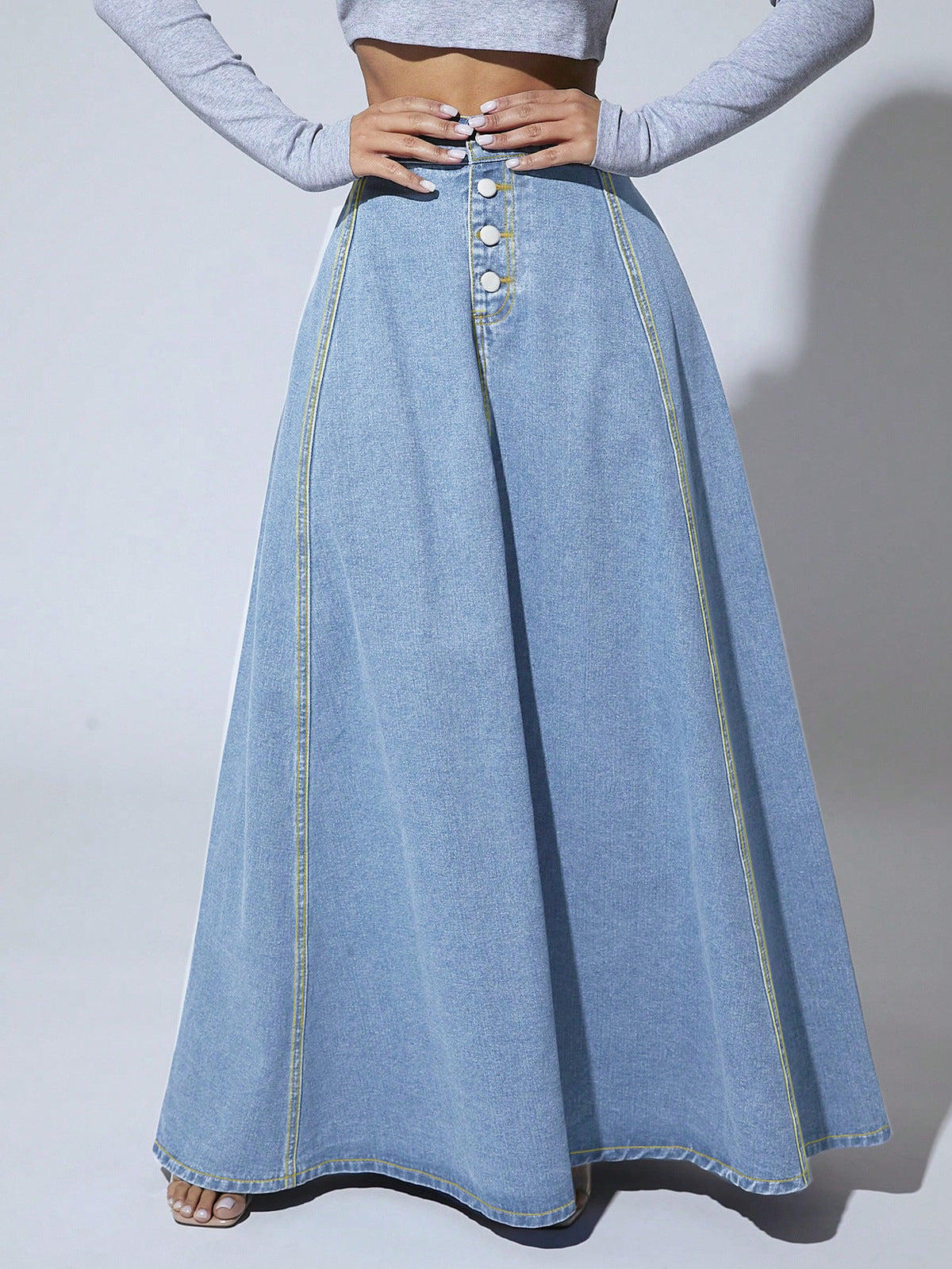 Falda vaquera de una sola botonadura para mujer, estilo urbano, larga, línea A, color liso