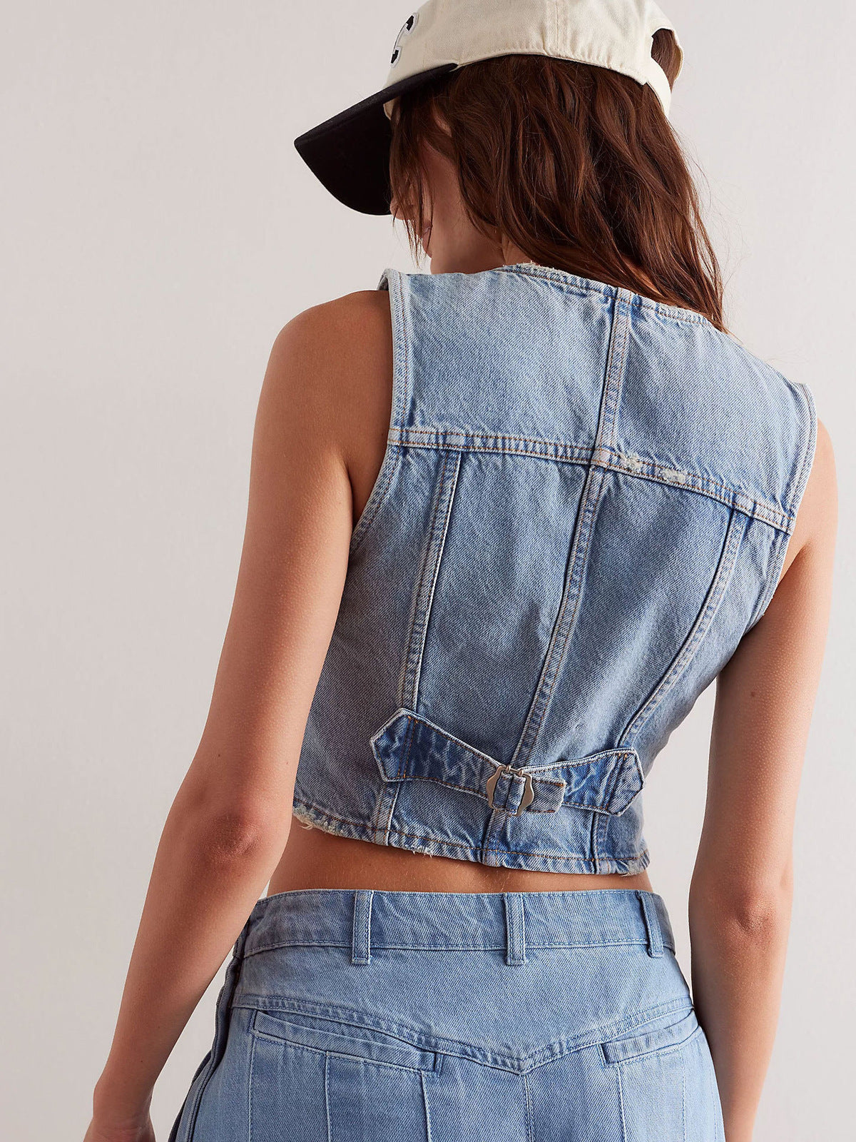Women Fashion Casual V-Neck Single Breasted Denim Tank Top