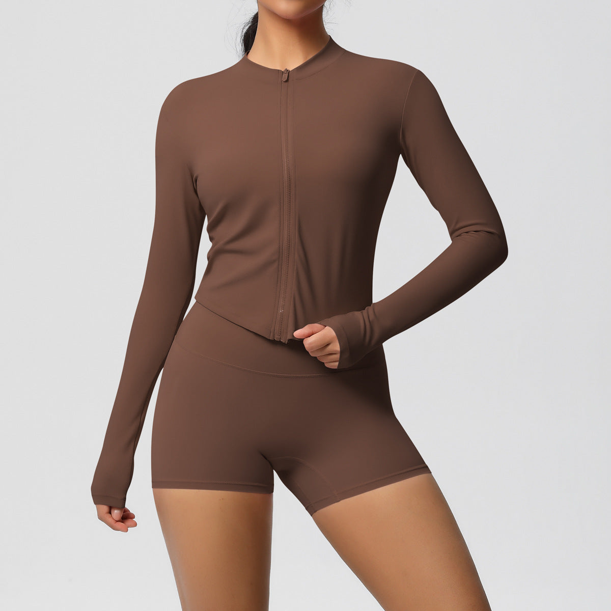 Ensemble haut à manches longues et short de yoga pour femme, couleur unie