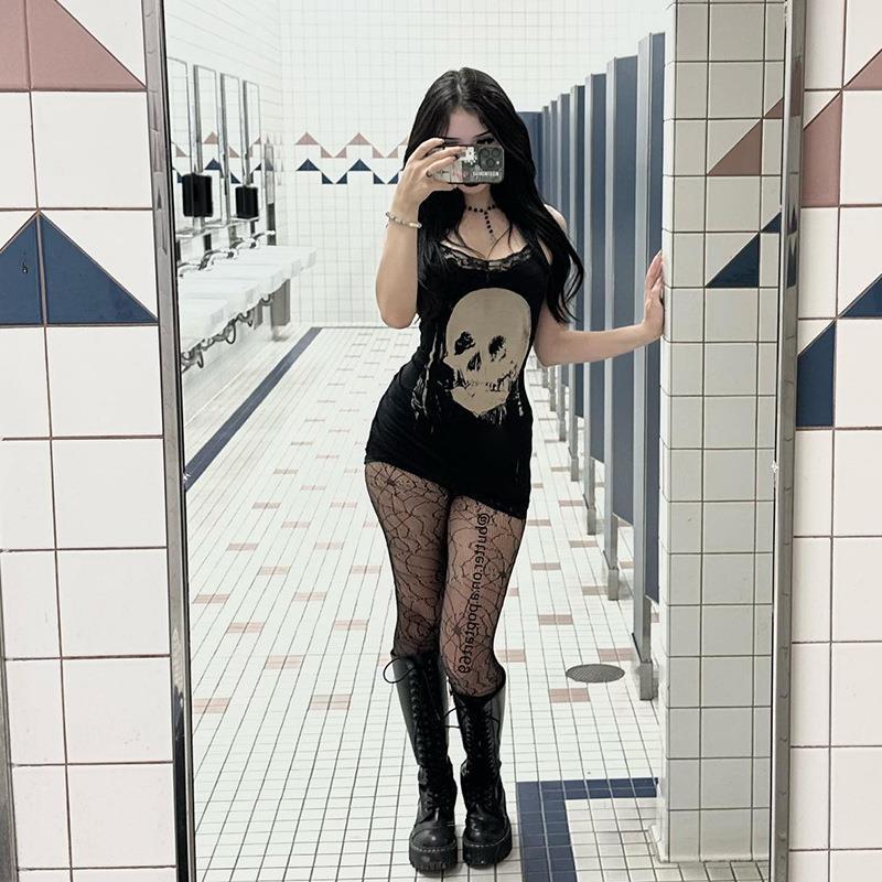 Robe sexy en dentelle gothique à imprimé tête de mort pour femme