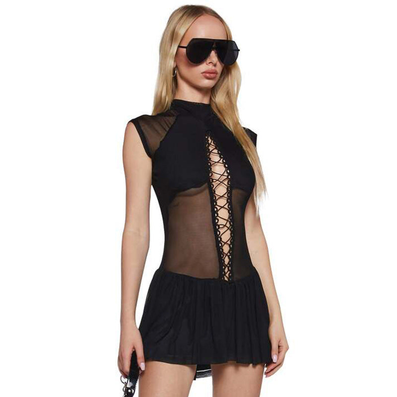 Vestido de malla calada con cordones para mujer, estilo plisado de poliéster