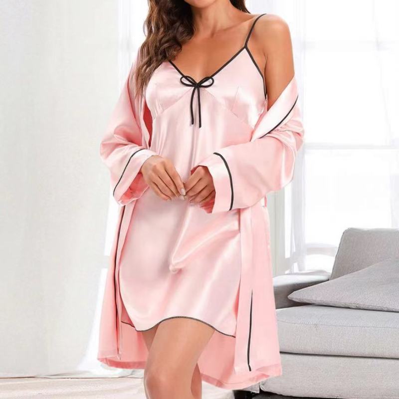 Women Solid V-Neck Sling Bow Satin Skirt Pajamas Two-Piece Set