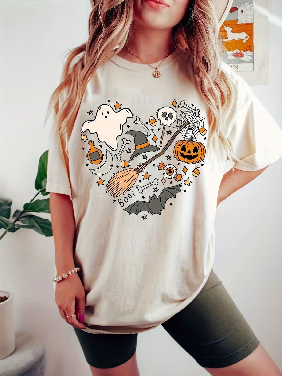 T-shirt col rond en coton imprimé Halloween pour femme