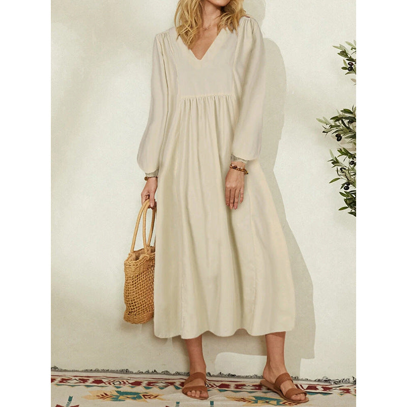 Vestido largo informal de algodón y lino con cuello en V para mujer