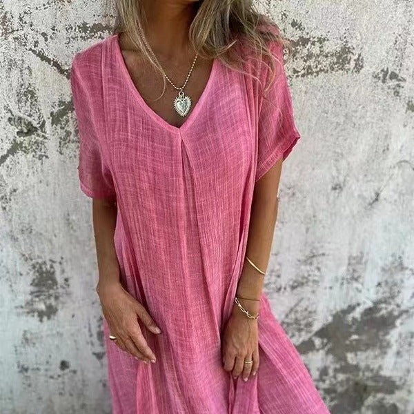 Women Casual Cotton Linen V-Neck Midi Dress