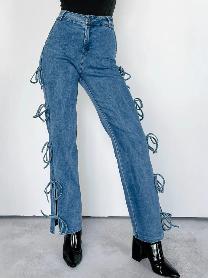 Jean droit rétro avec nœud pour femme, bleu saphir