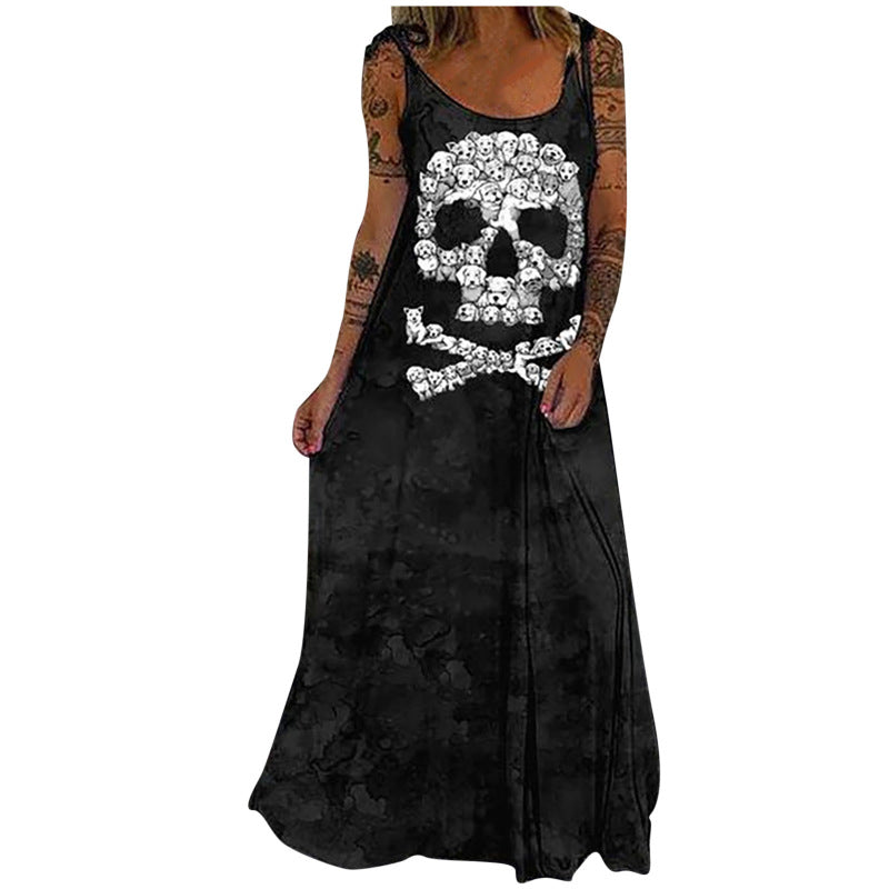 Vestido largo holgado con estampado de calavera de Halloween para mujer, estilo bohemio informal
