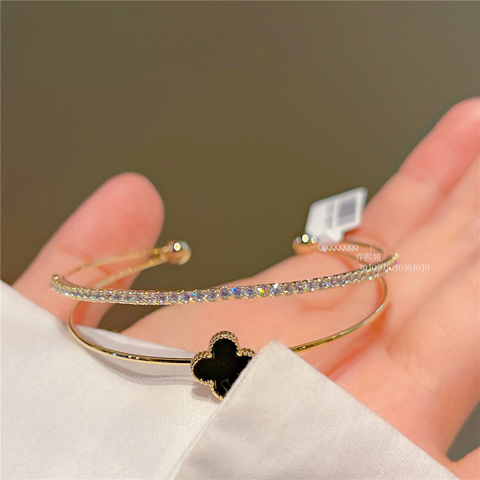 Chic Double Layer Black Four Leaves Clover Bangle