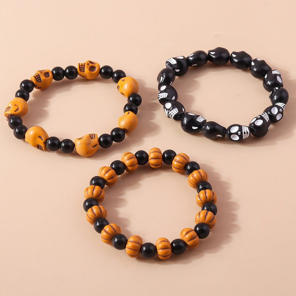 Pulsera de cuentas de calabaza y calavera divertida de Halloween para mujer, juego de 3 piezas