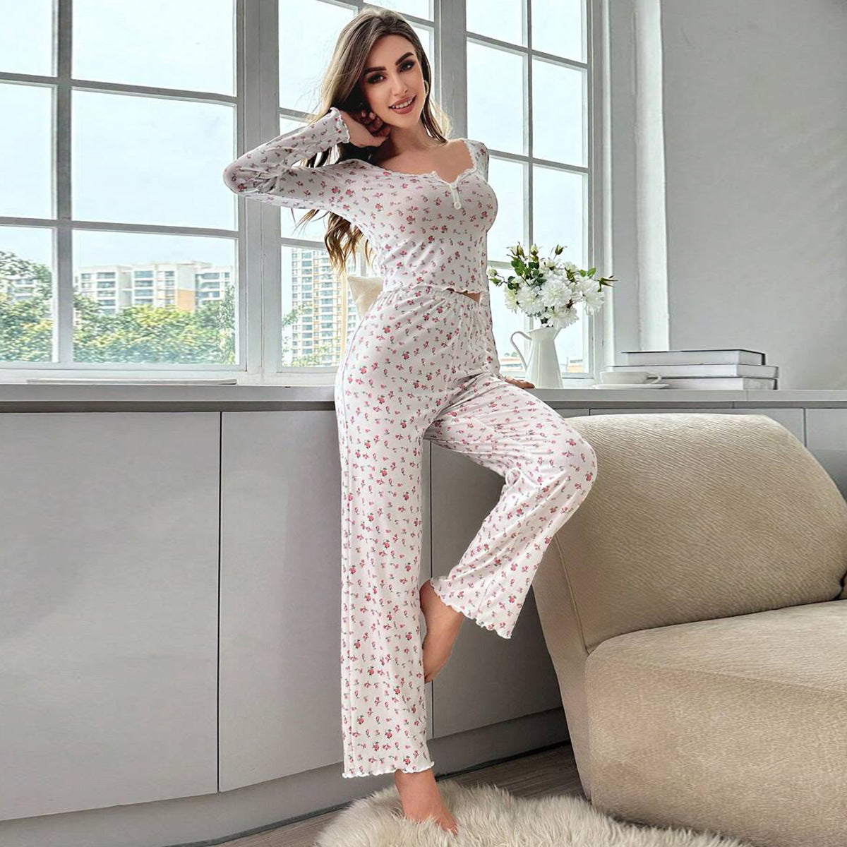 Ensemble de pyjama décontracté à imprimé floral pour femme