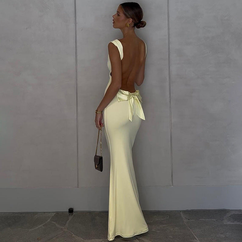 Women Sleeveless Backless Slim-Fit Dress Solid Color Party Evening