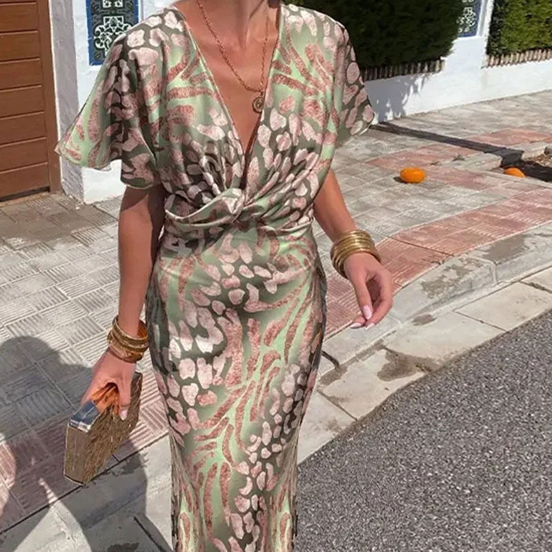 Vestido elegante con escote en V y estampado de cintura definida para mujer