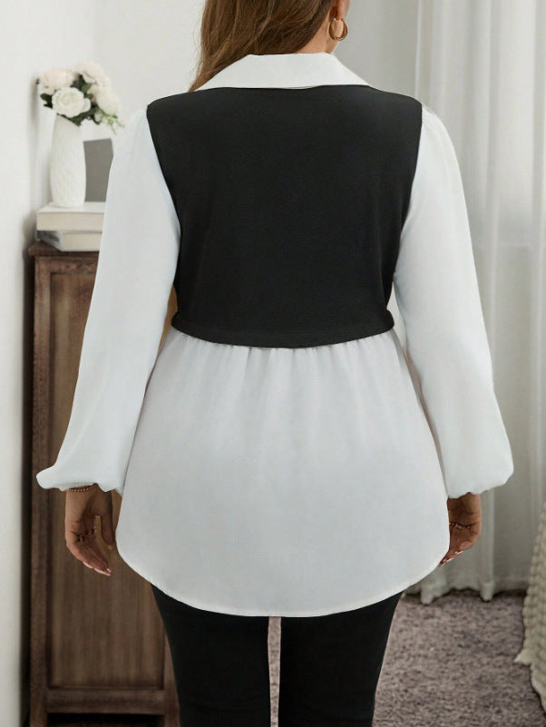 Women Fashion Plus Size Contrast Color Blouse