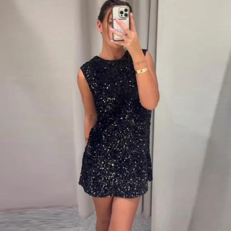 Vestido elegante sin mangas con cordones, lentejuelas y lazo para mujer