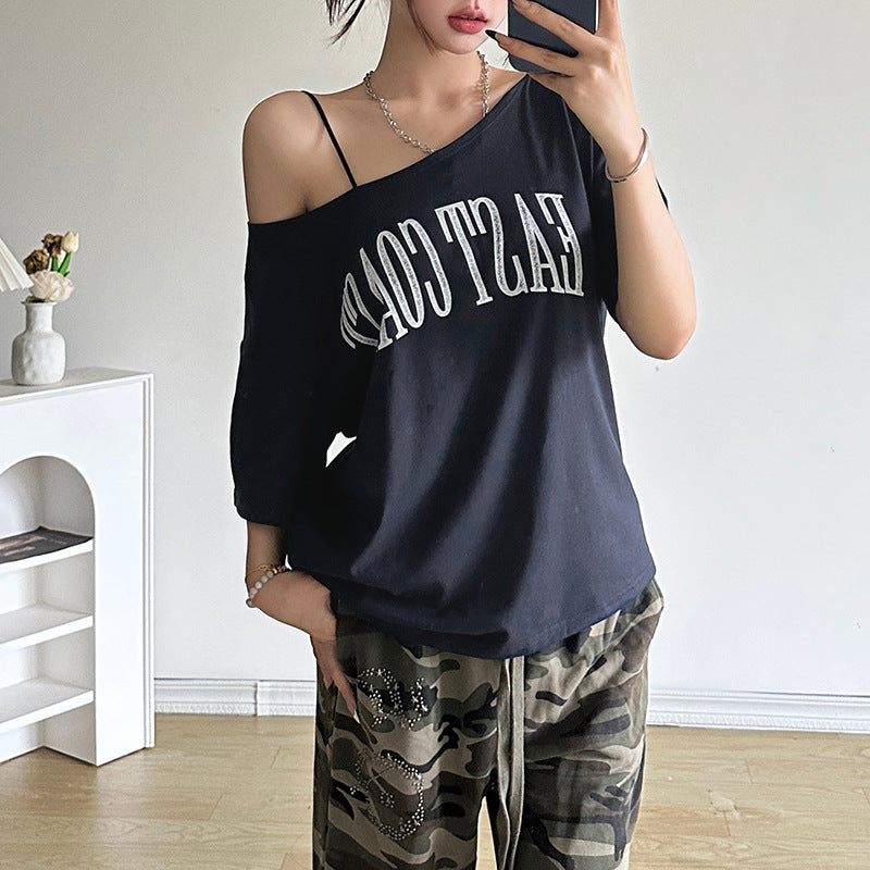 Camiseta de manga corta con estampado de letras de moda urbana de verano para mujer