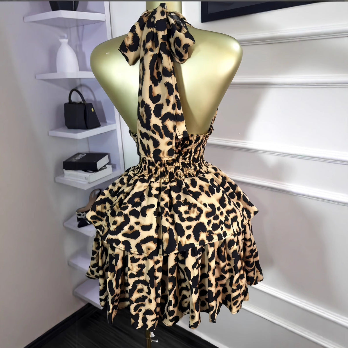 Robe sexy à col licou et imprimé léopard pour femme