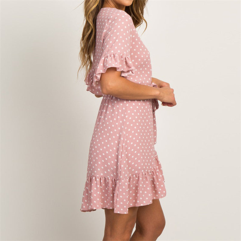Robe d'été élégante en mousseline de soie style bohème à manches courtes et col en V pour femme