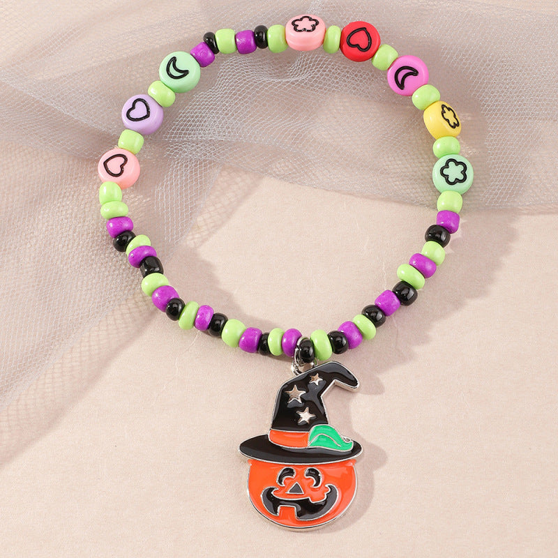 Pulsera unisex retro de cuentas naranjas con diseño de calabaza de Halloween