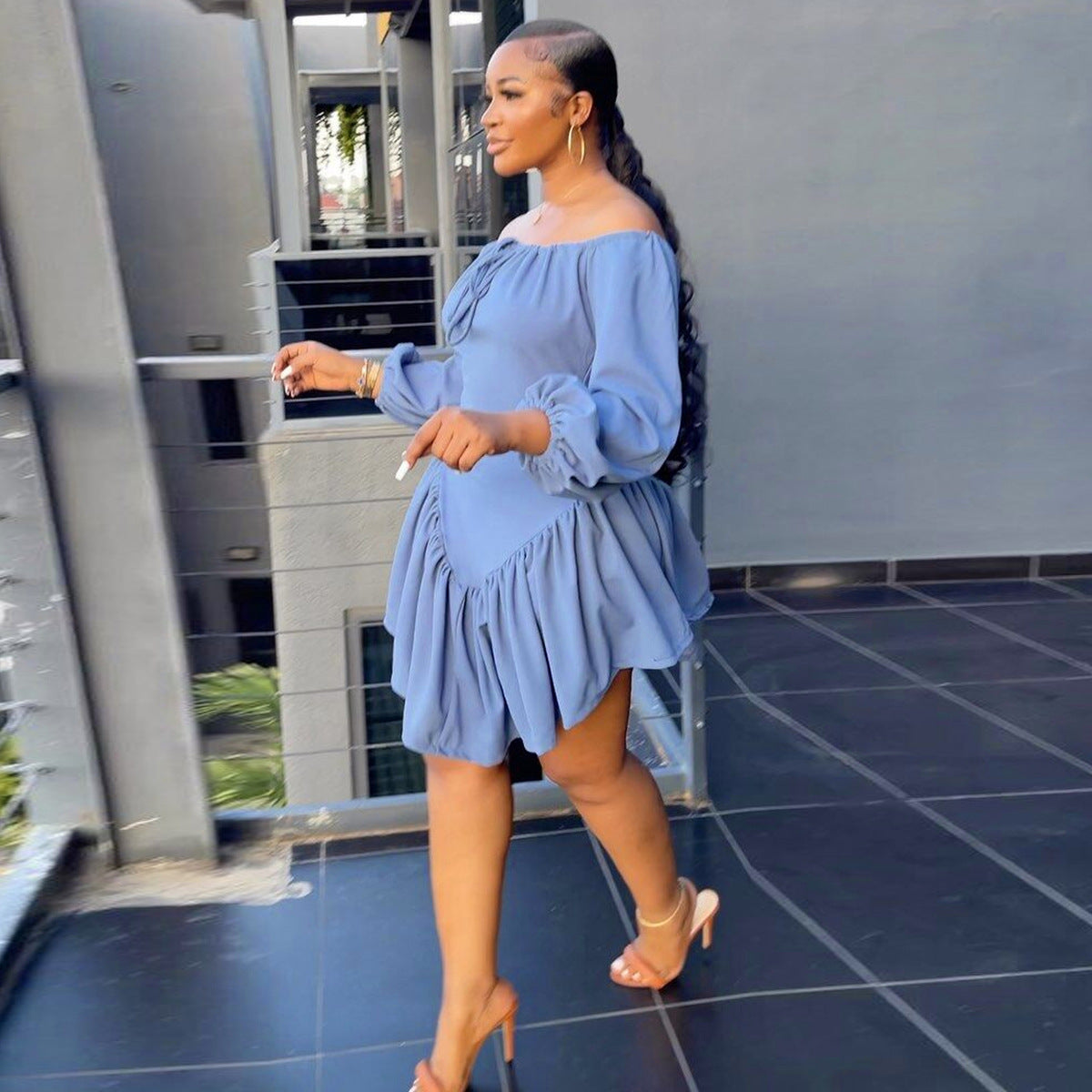 Women Fashion Solid Color Shoulder Long Sleeve Dress