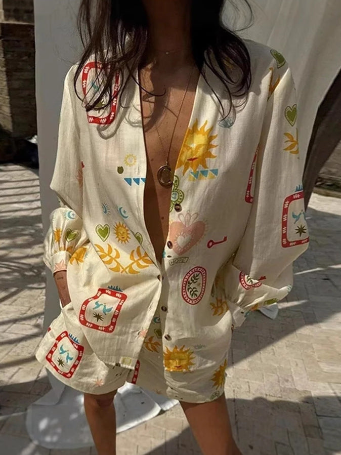 Women Summer Vacation Printed Shirt Shorts Set