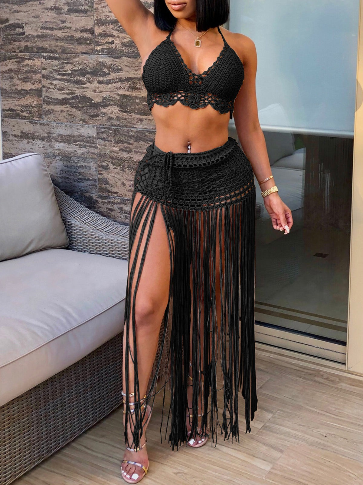Women Summer Vacation Solid Color Crochet Tassel Coverup Set