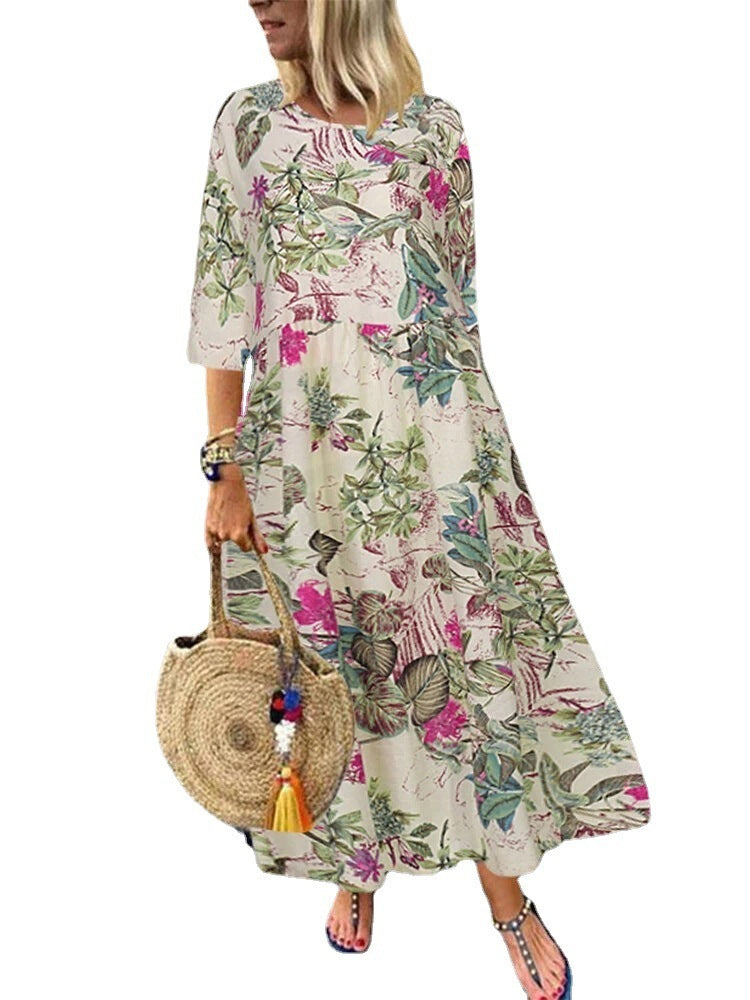Vestido elegante bohemio de verano con mangas cortas y cuello redondo floral para mujer