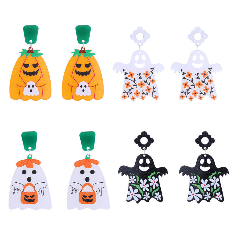 Halloween Women Funny Creative Acrylic Pumpkin Skeleton Ghost Earrings