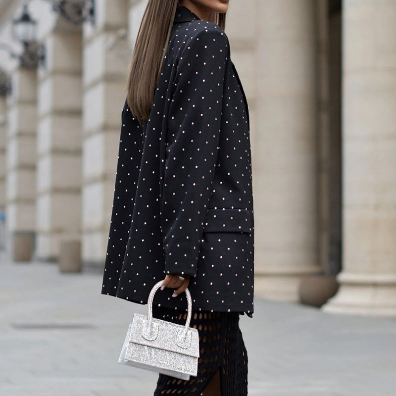 Blazer élégant à manches longues et revers imprimé pois pour femme